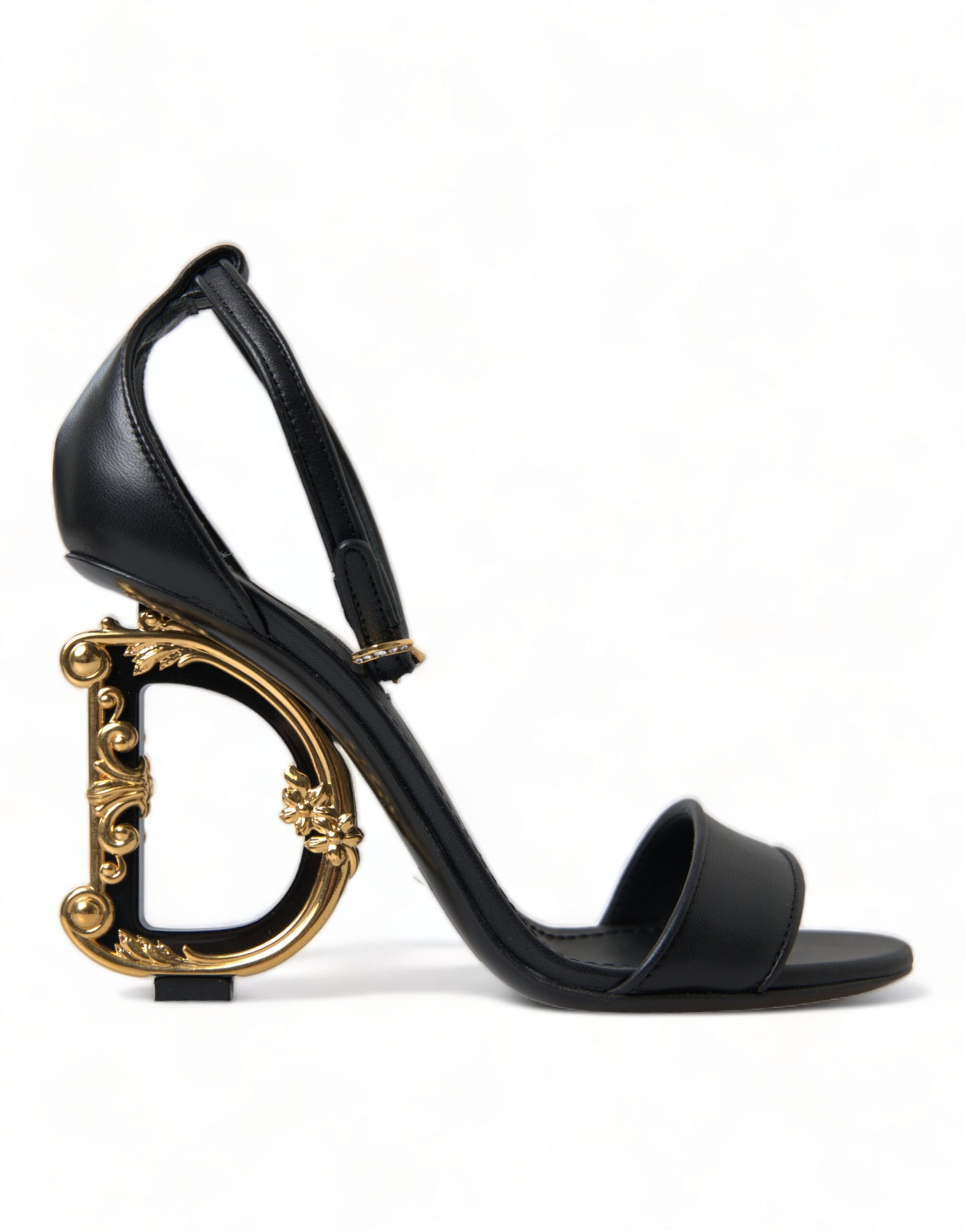 Dolce & Gabbana Black Leather Baroque DG Heel Sandals Shoes