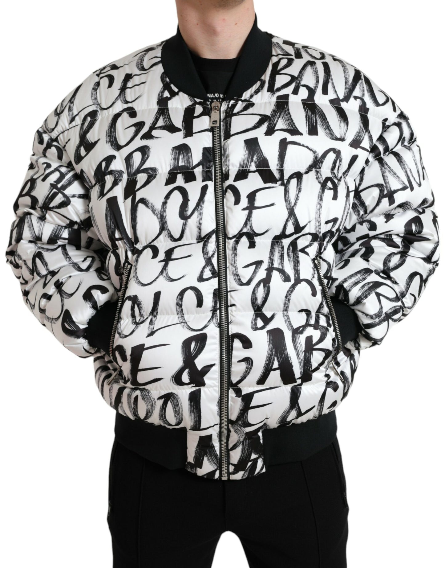 Dolce & Gabbana White Logo Padded Full Zip Bomber Jacket