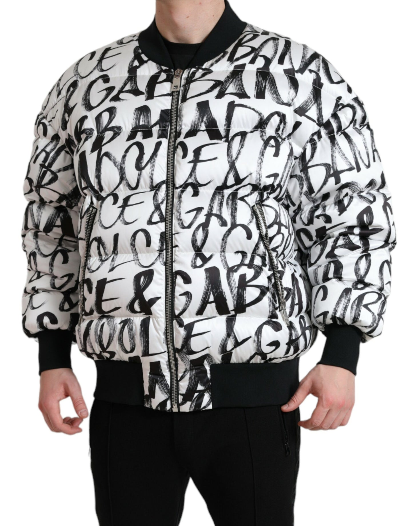 Dolce & Gabbana White Logo Padded Full Zip Bomber Jacket