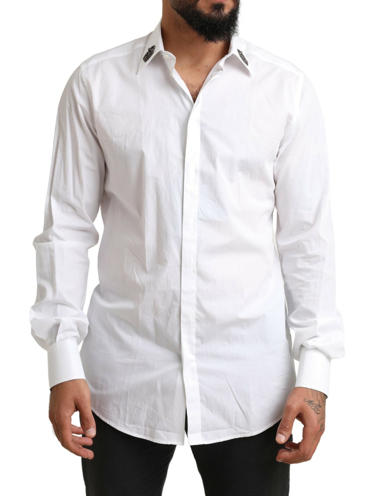 Dolce & Gabbana Elegant White Slim Fit Tuxedo Shirt with Crown Embroidery