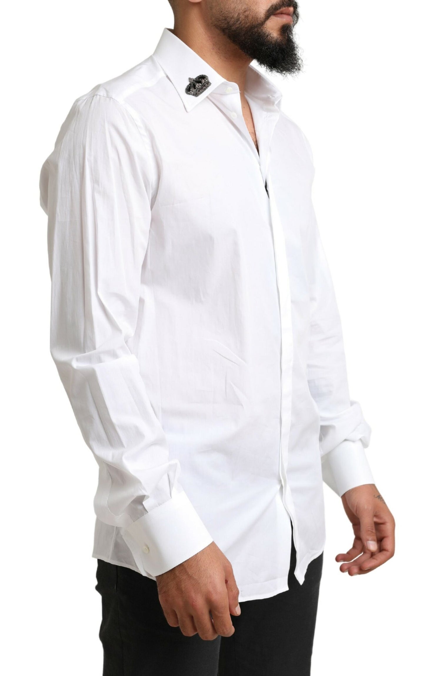 Dolce & Gabbana Elegant White Slim Fit Tuxedo Shirt with Crown Embroidery