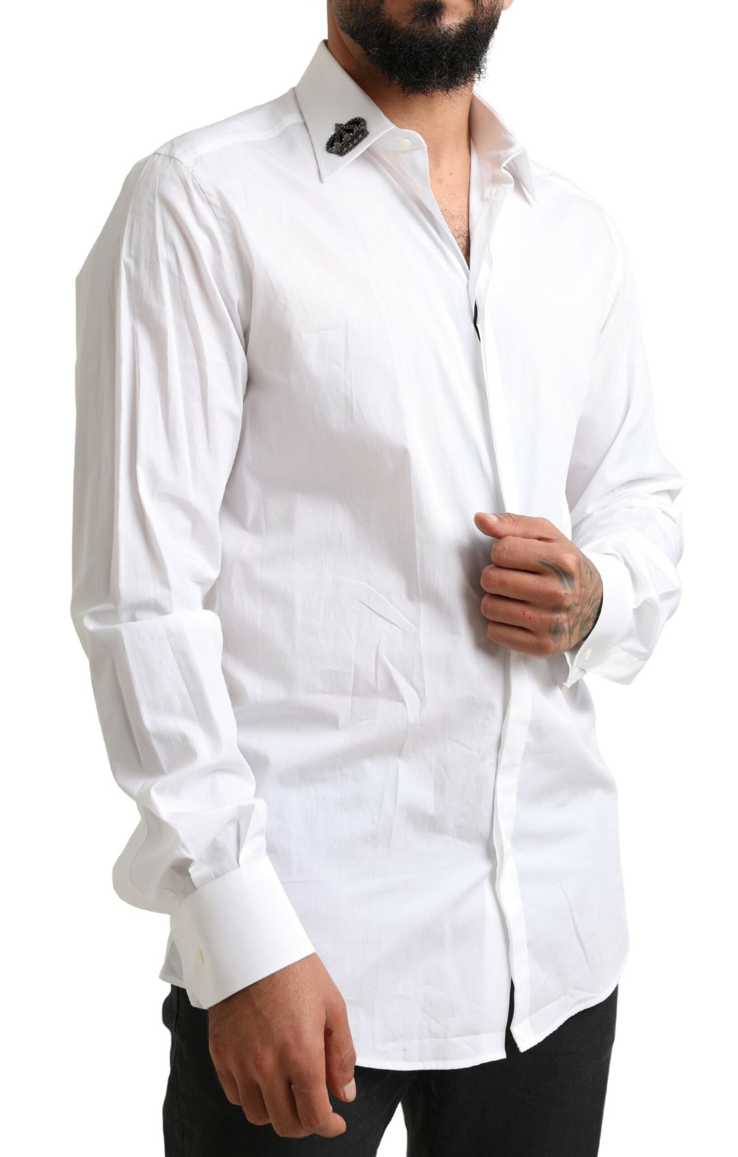 Dolce & Gabbana Elegant White Slim Fit Tuxedo Shirt with Crown Embroidery