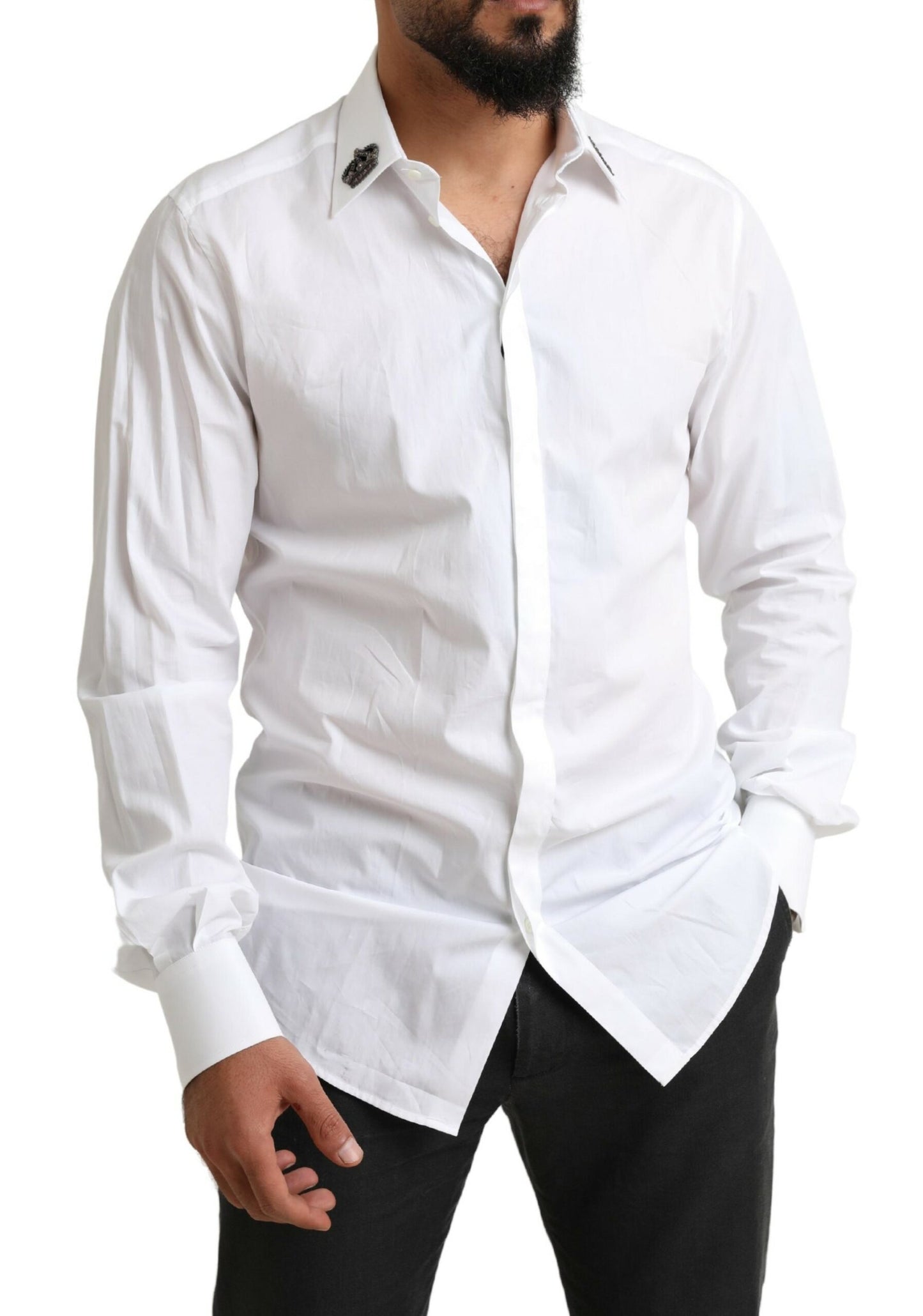 Dolce & Gabbana Elegant White Slim Fit Tuxedo Shirt with Crown Embroidery