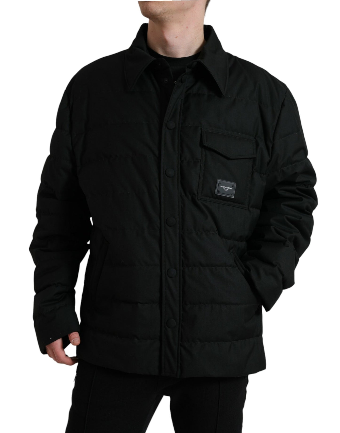 Dolce & Gabbana Black Polyester Quilted Logo Patch Jacket