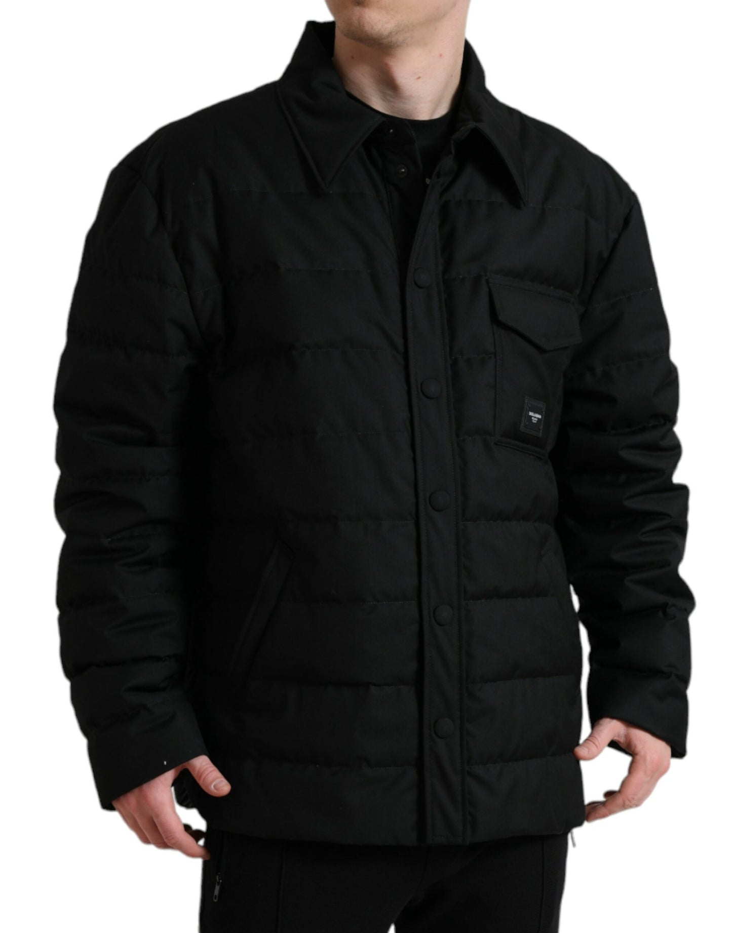 Dolce & Gabbana Black Polyester Quilted Logo Patch Jacket