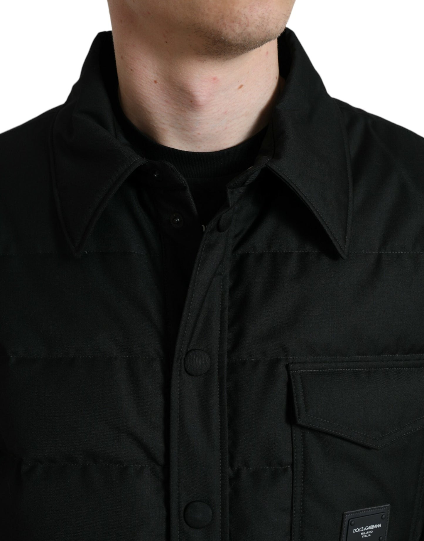 Dolce & Gabbana Black Polyester Quilted Logo Patch Jacket