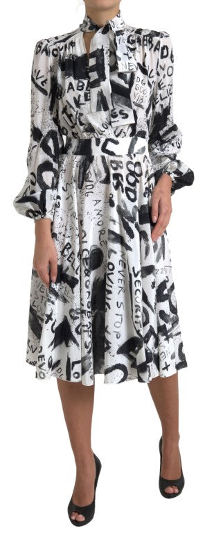 Dolce & Gabbana White Graffiti Long Sleeves A-line Dress