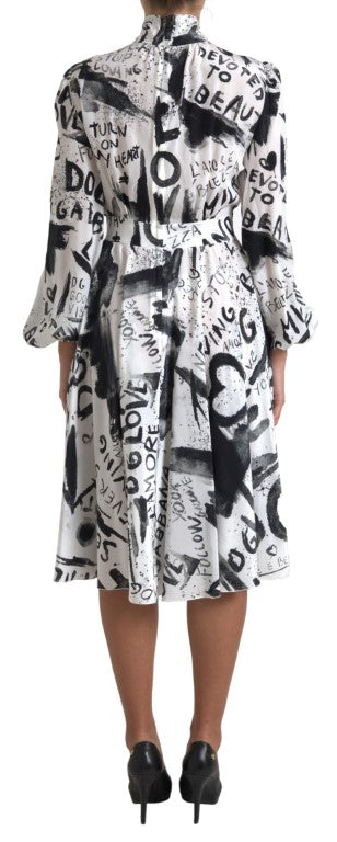 Dolce & Gabbana White Graffiti Long Sleeves A-line Dress