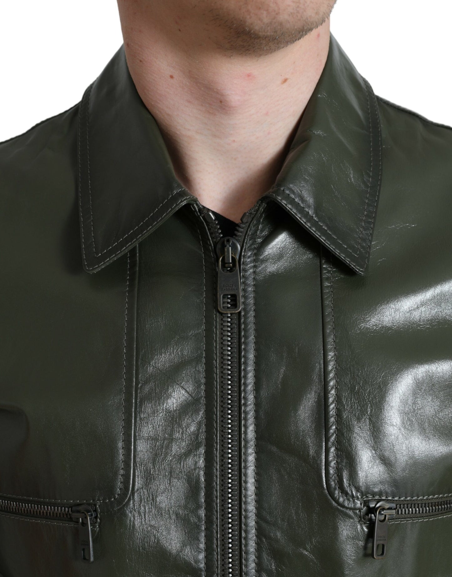 Dolce & Gabbana Green Leather Collared Biker Full Zip Jacket