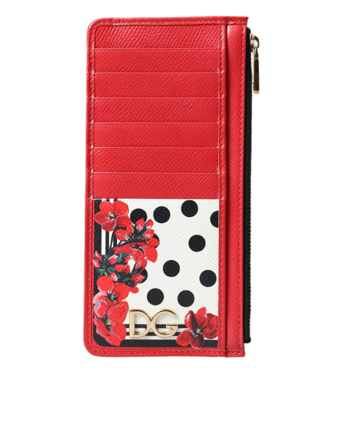 Dolce & Gabbana Red White Leather DG Logo Zip Card Holder Wallet