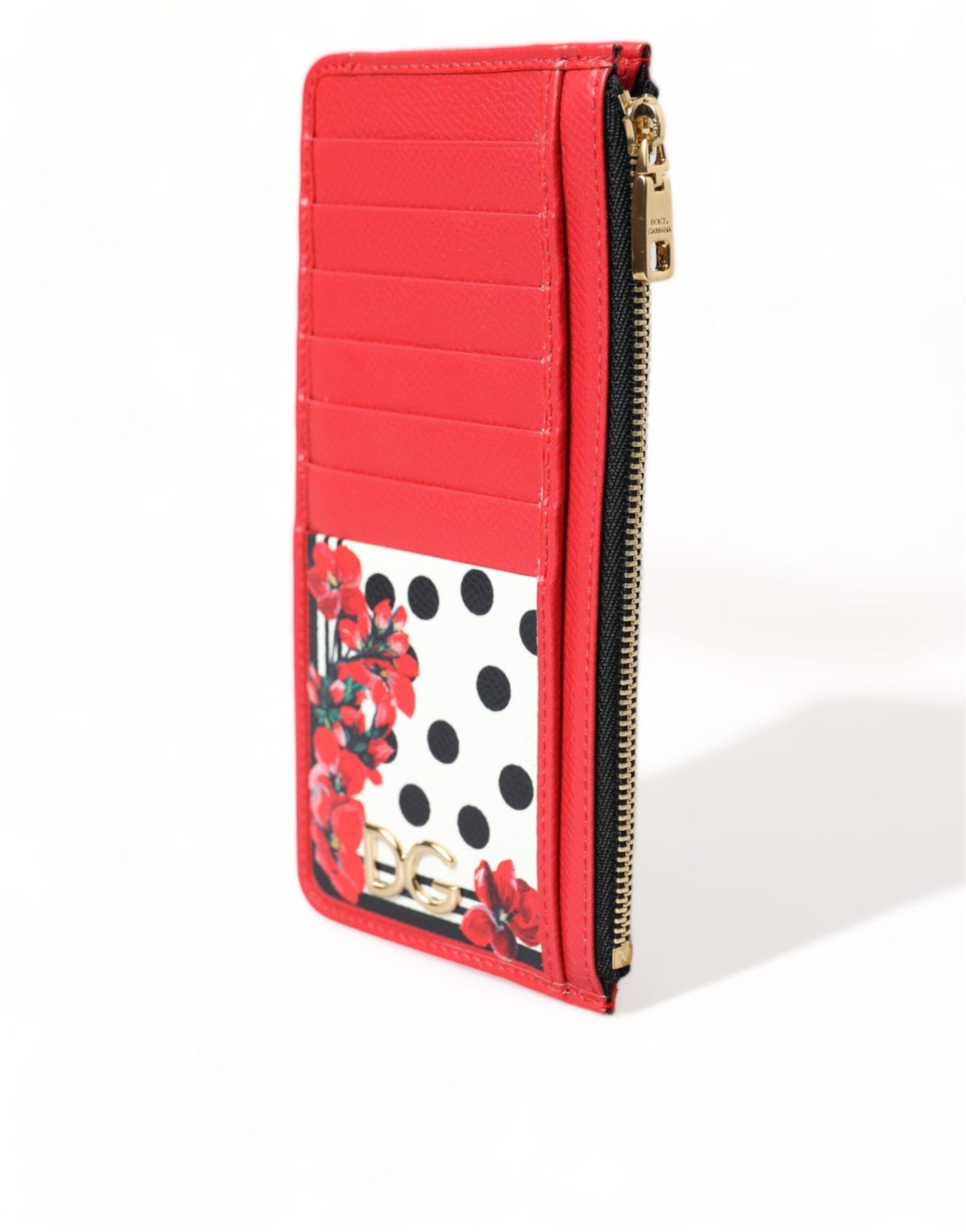 Dolce & Gabbana Red White Leather DG Logo Zip Card Holder Wallet