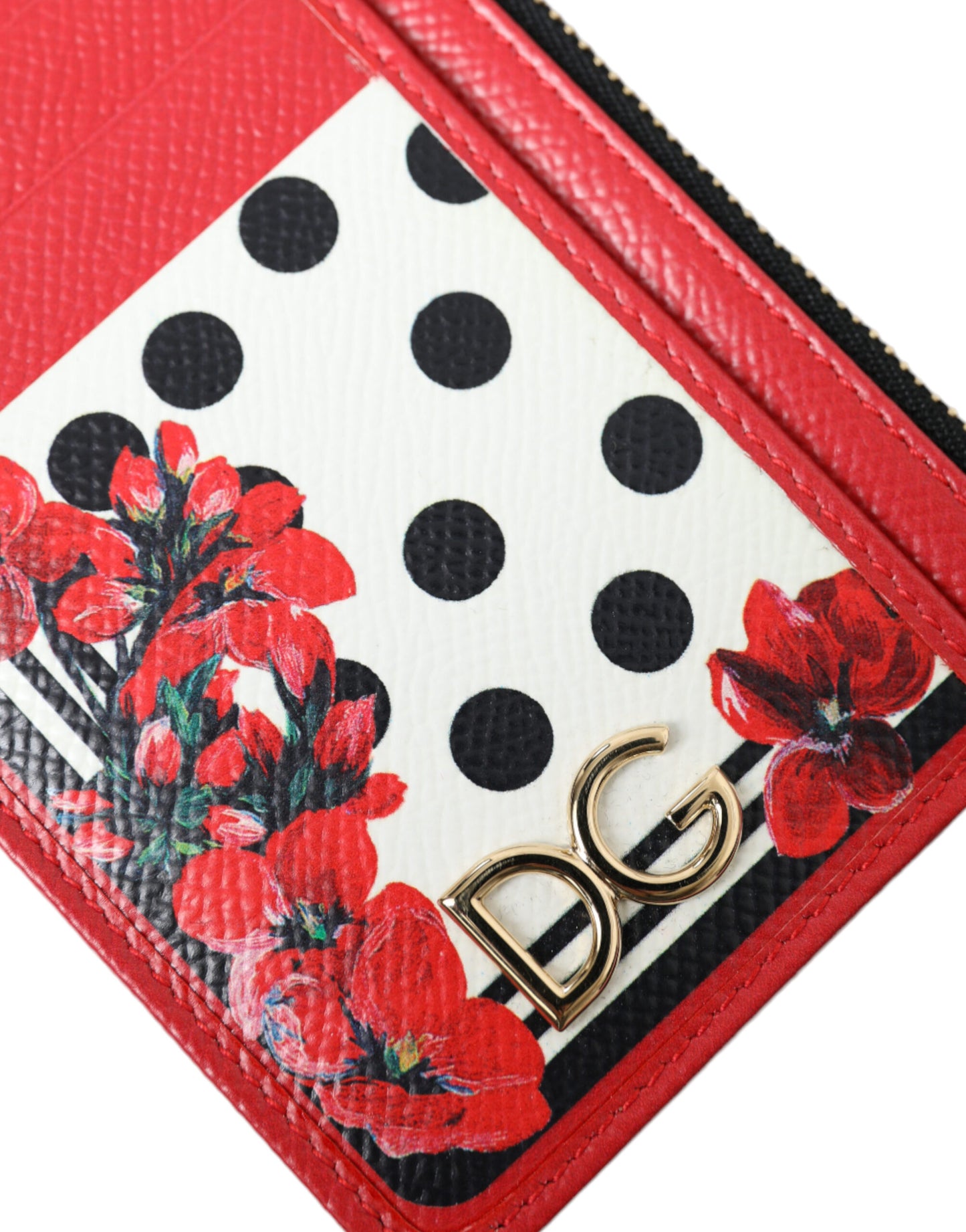 Dolce & Gabbana Red White Leather DG Logo Zip Card Holder Wallet