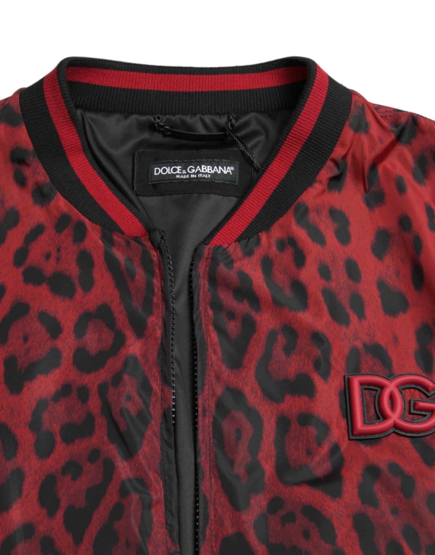 Dolce & Gabbana Red Leopard Nylon Bomber Full Zip Jacket