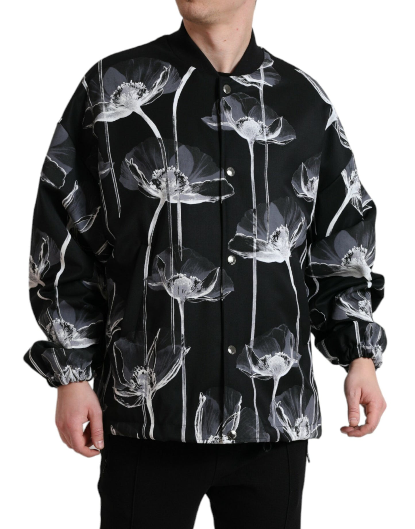 Dolce & Gabbana Black Floral Print Wool Button Down Bomber Jacket