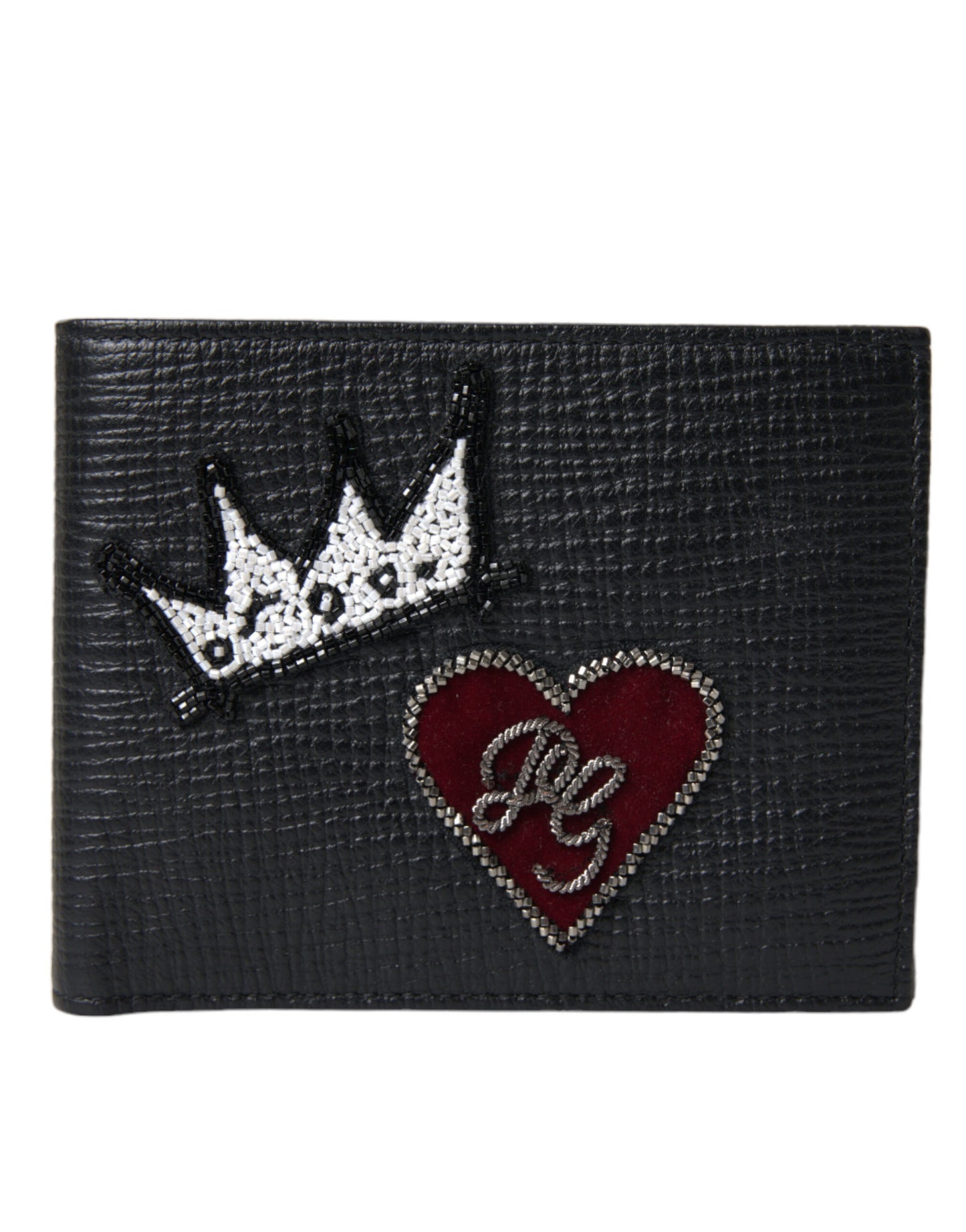 Dolce & Gabbana Black Leather Crown Heart Patch Bifold Card Holder Wallet