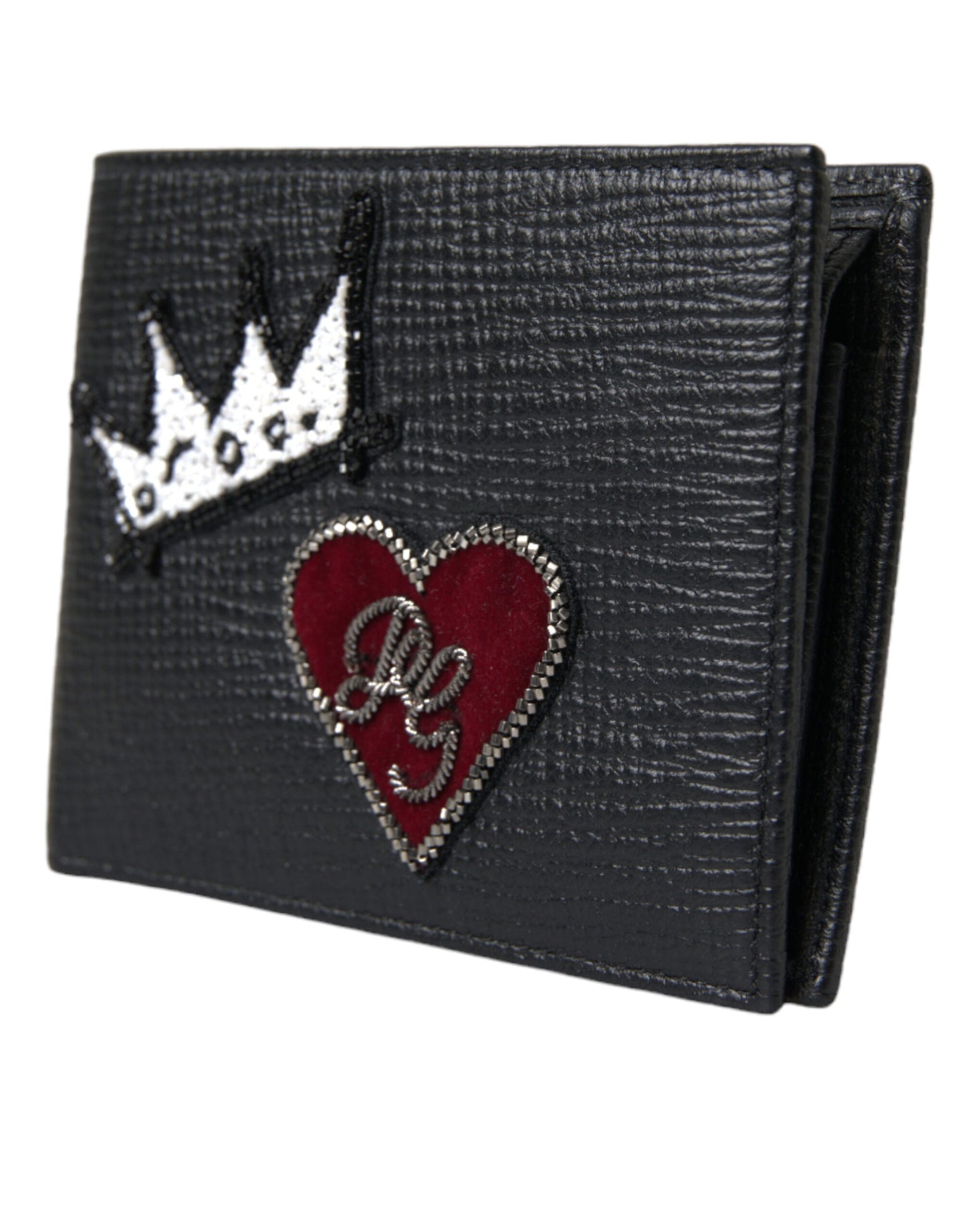 Dolce & Gabbana Black Leather Crown Heart Patch Bifold Card Holder Wallet