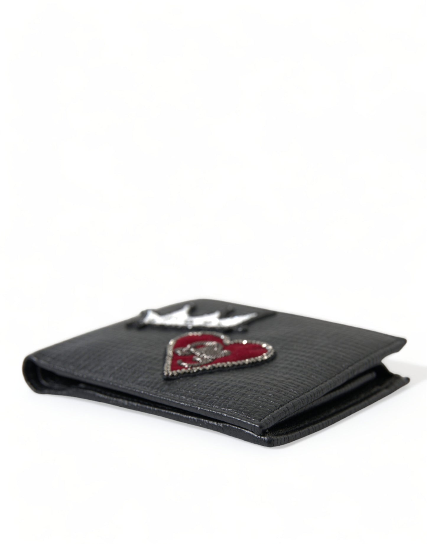 Dolce & Gabbana Black Leather Crown Heart Patch Bifold Card Holder Wallet