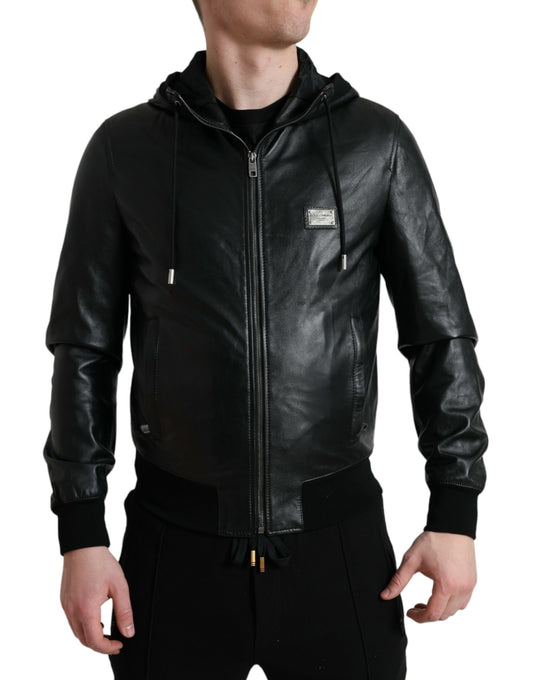 Dolce & Gabbana Black Leather Hooded Full Zip Logo Jacket