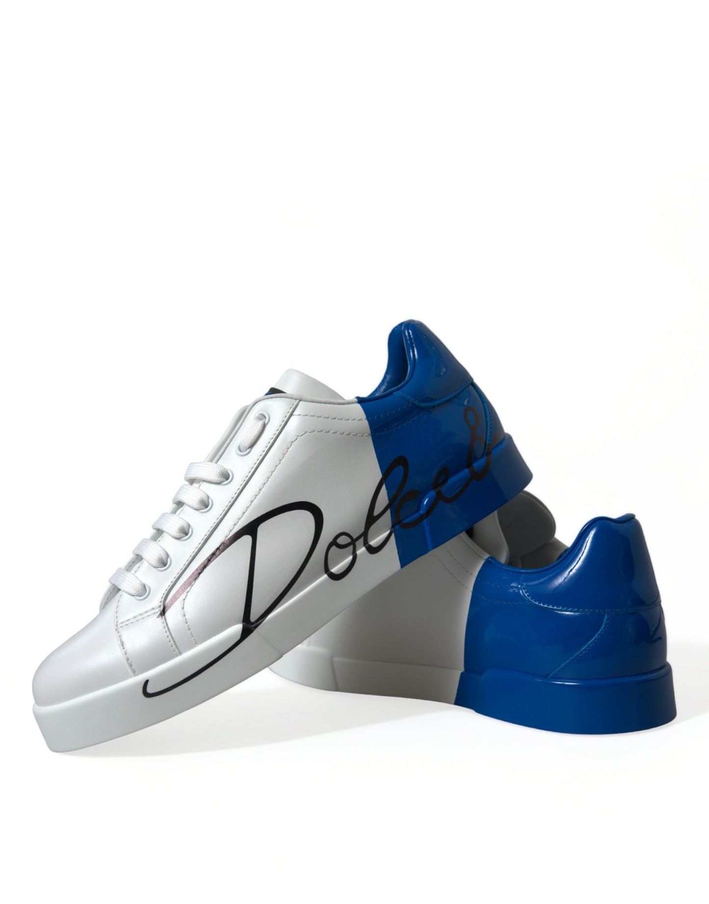 Dolce & Gabbana White Blue Leather Low Top Sneakers Shoes