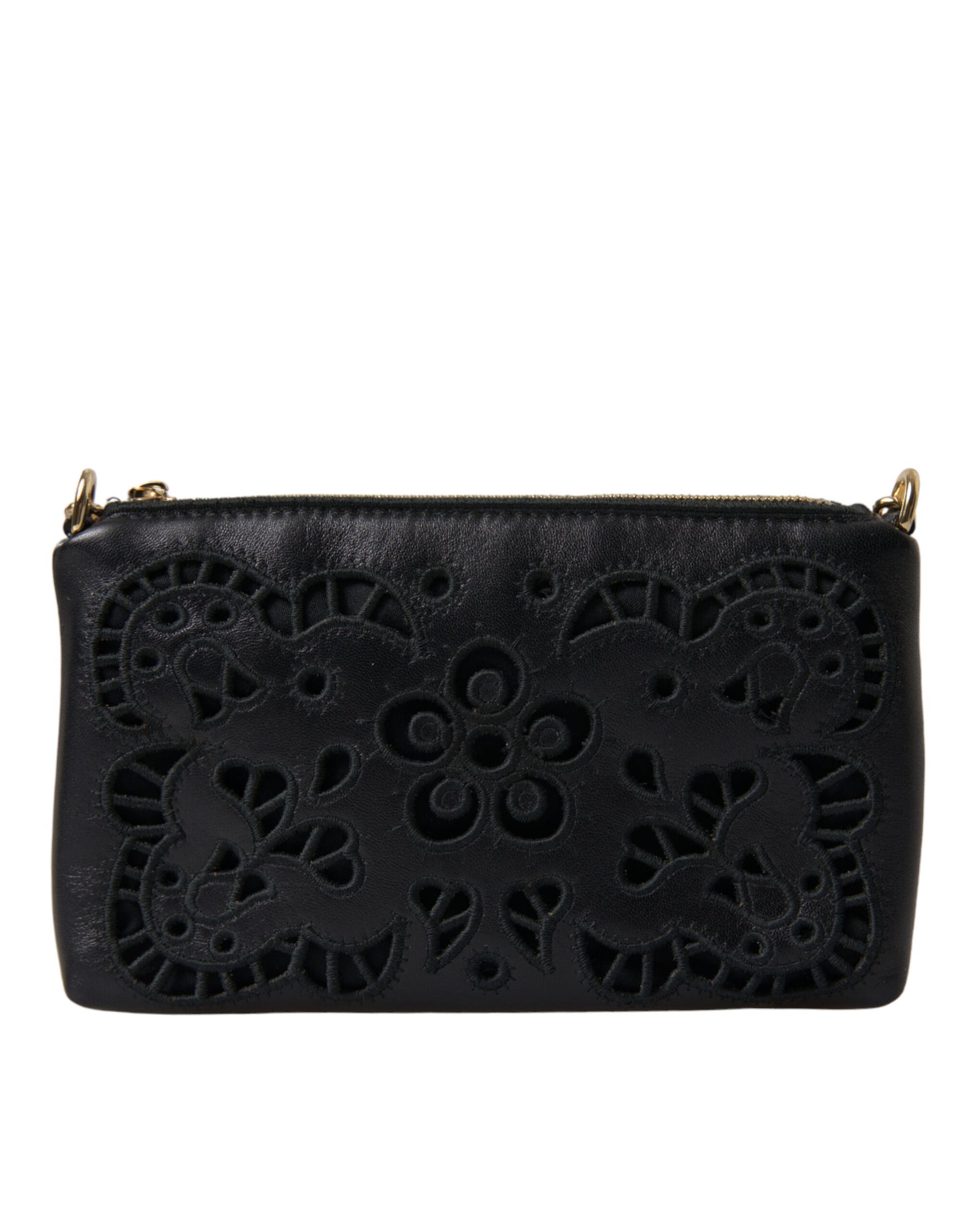 Dolce & Gabbana Black Floral Embroidered Leather Chain Clutch Bag