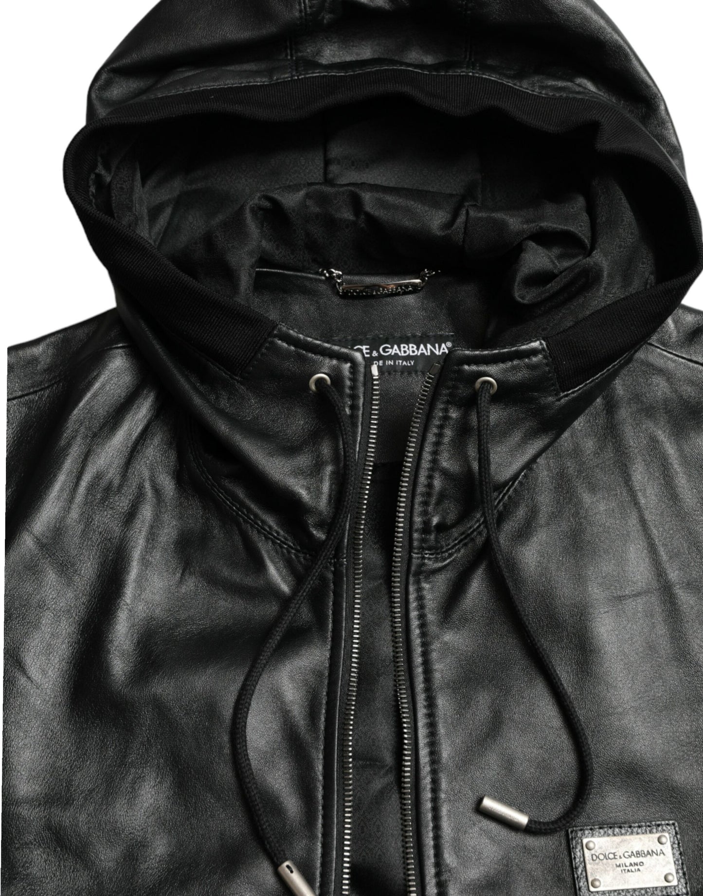 Dolce & Gabbana Black Leather Hooded Full Zip Logo Jacket