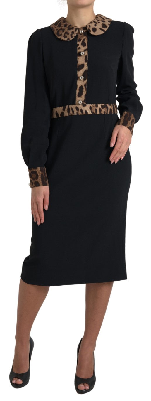 Dolce & Gabbana Black Leopard Collared Sheath Midi Dress