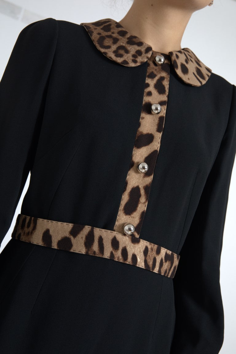 Dolce & Gabbana Black Leopard Collared Sheath Midi Dress