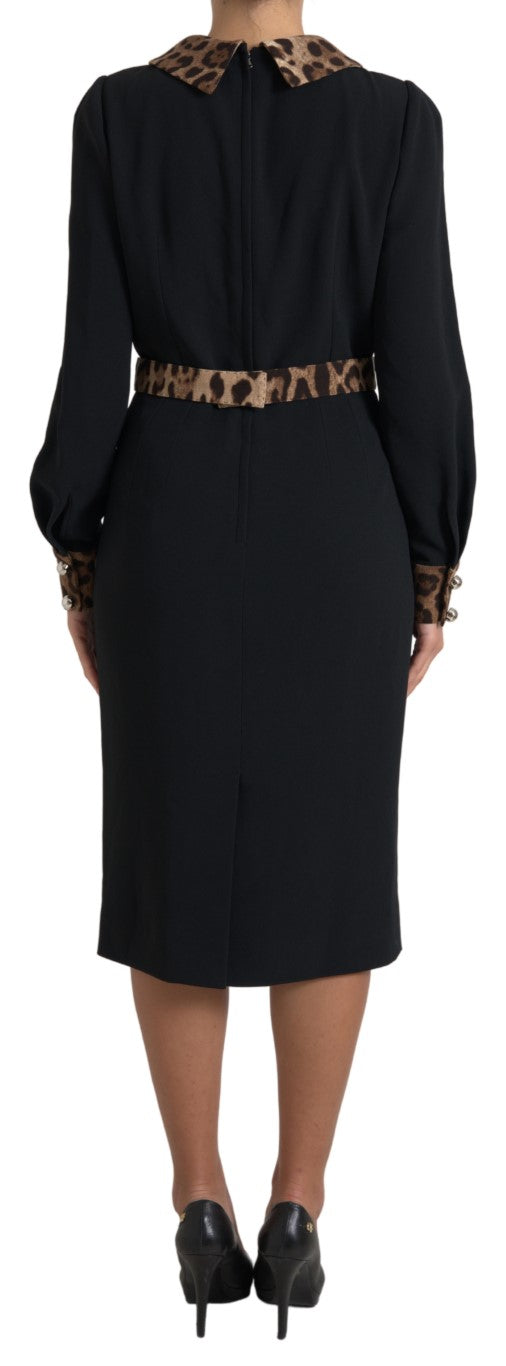 Dolce & Gabbana Black Leopard Collared Sheath Midi Dress