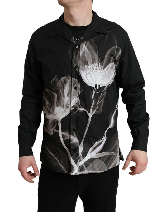 Dolce & Gabbana Black Floral Cotton Collared Long Sleeves Men Shirt