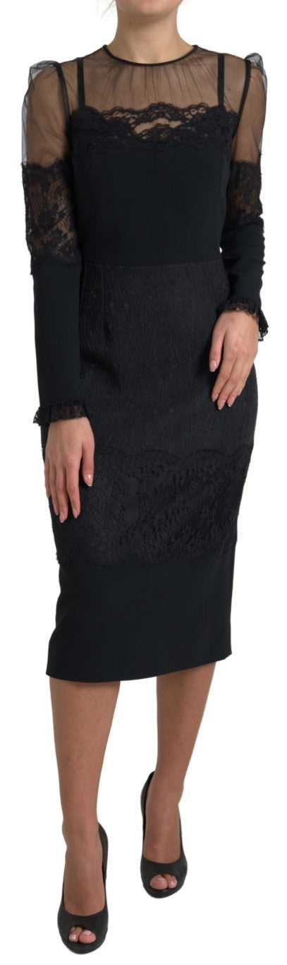 Dolce & Gabbana Black Sheer Floral Lace Sheath Midi Dress