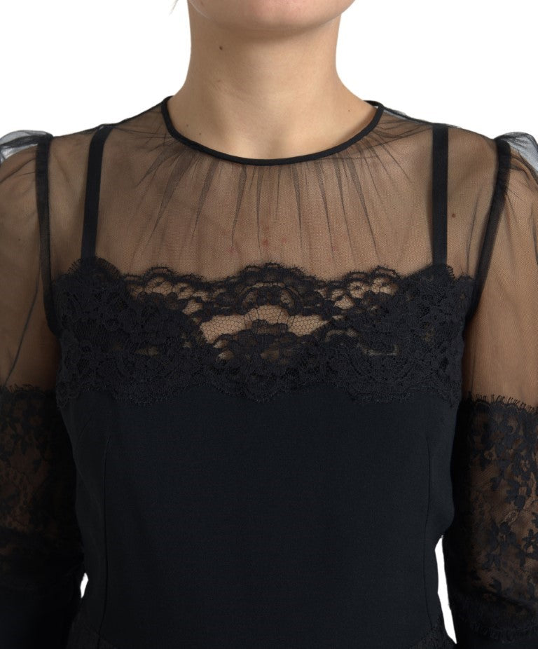 Dolce & Gabbana Black Sheer Floral Lace Sheath Midi Dress