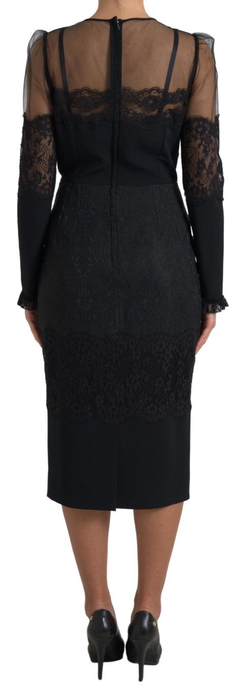 Dolce & Gabbana Black Sheer Floral Lace Sheath Midi Dress