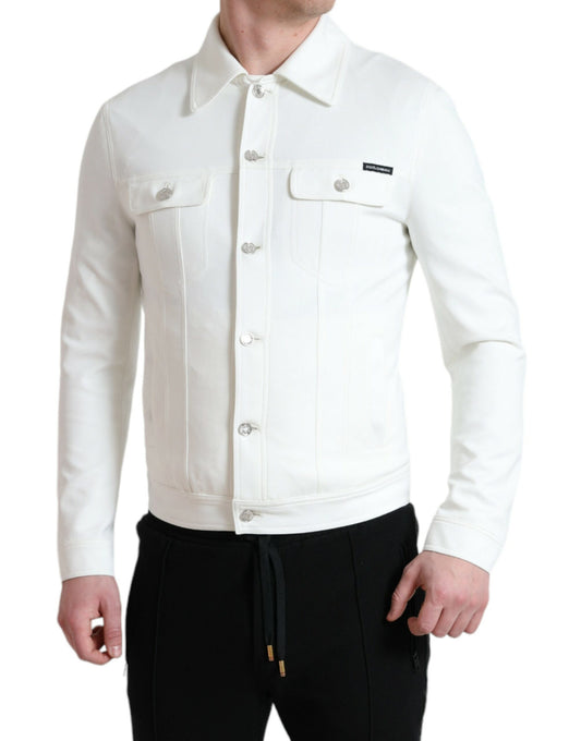 Dolce & Gabbana White Cotton Stretch Collared Denim Jacket