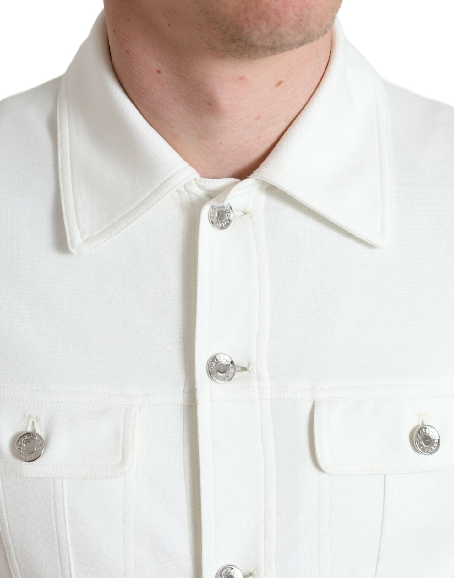 Dolce & Gabbana White Cotton Stretch Collared Denim Jacket