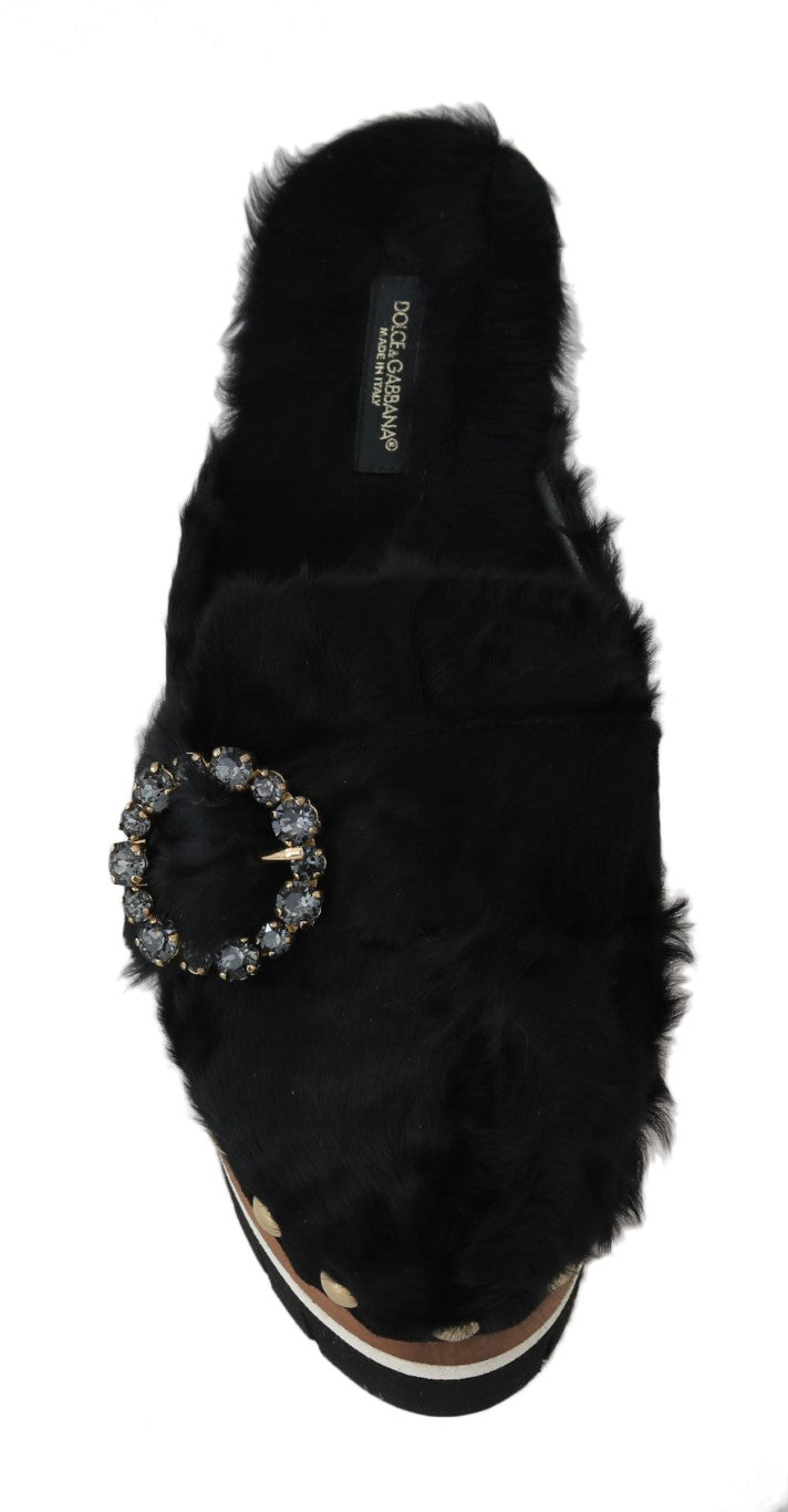 Dolce & Gabbana Black Lamb Fur Suede Slides with Crystal Studs