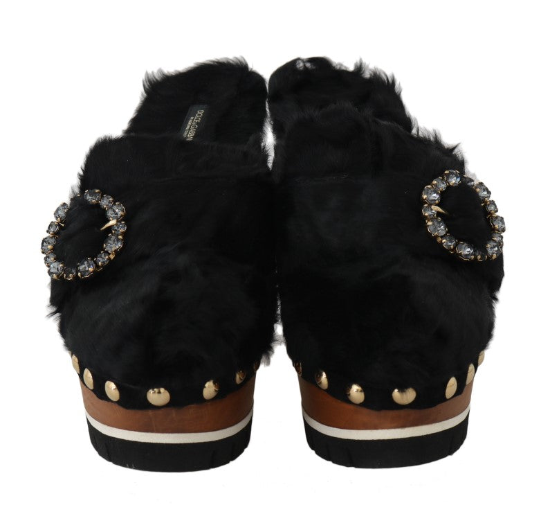 Dolce & Gabbana Black Lamb Fur Suede Slides with Crystal Studs