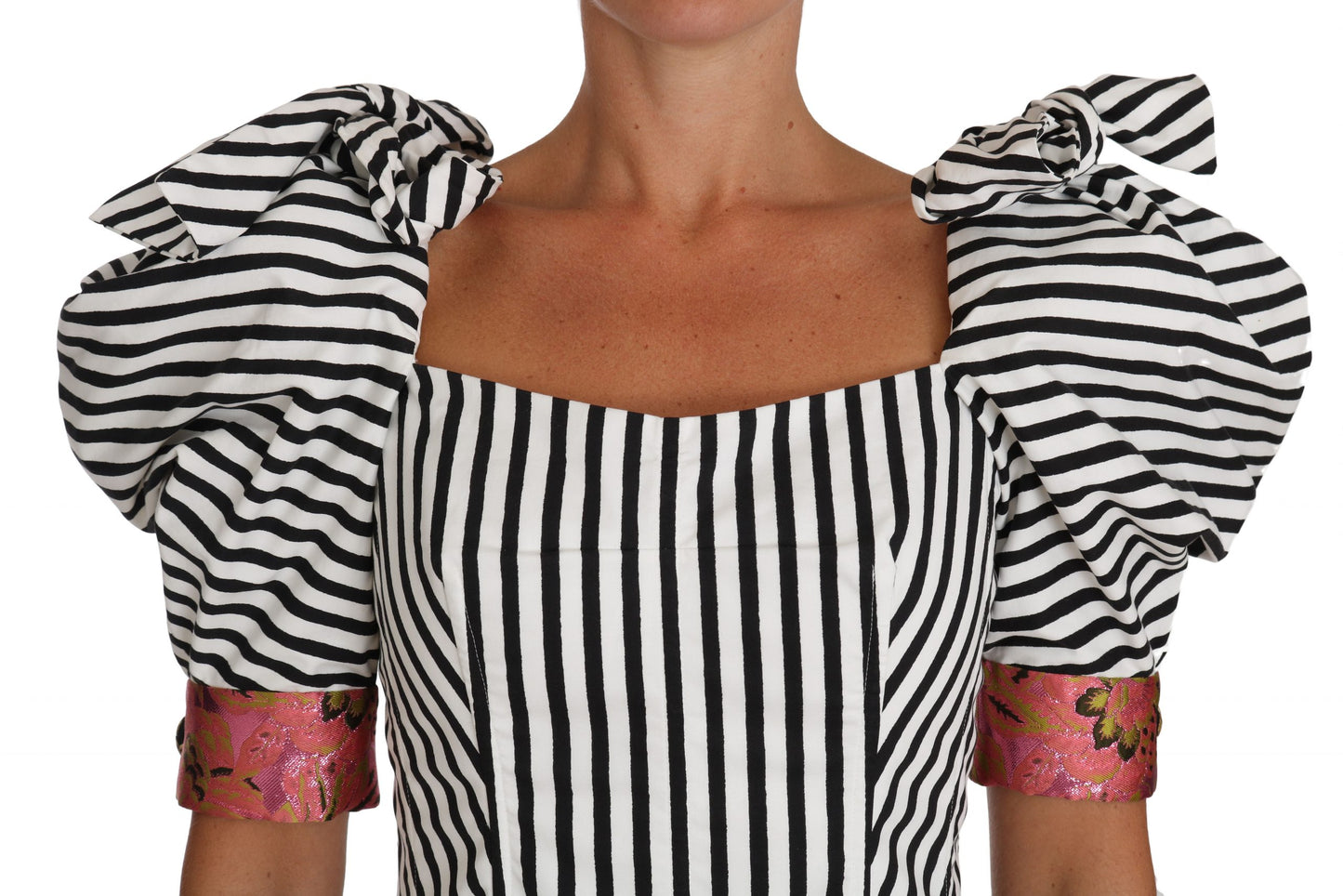 Dolce & Gabbana White Black Striped Cropped Top Puff Sleeve Shirts