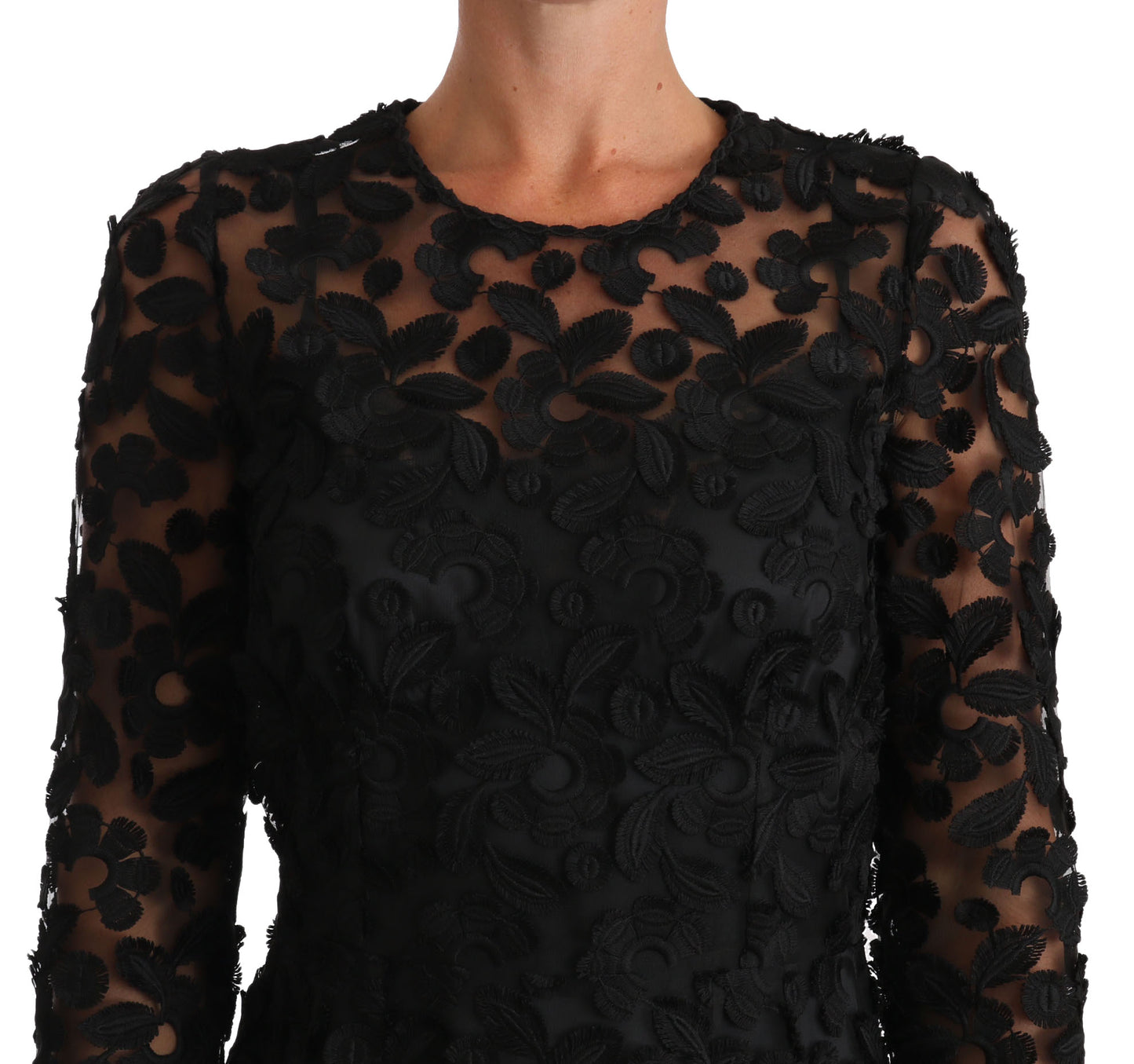 Dolce & Gabbana Elegant Embroidered Black Floral Midi Dress