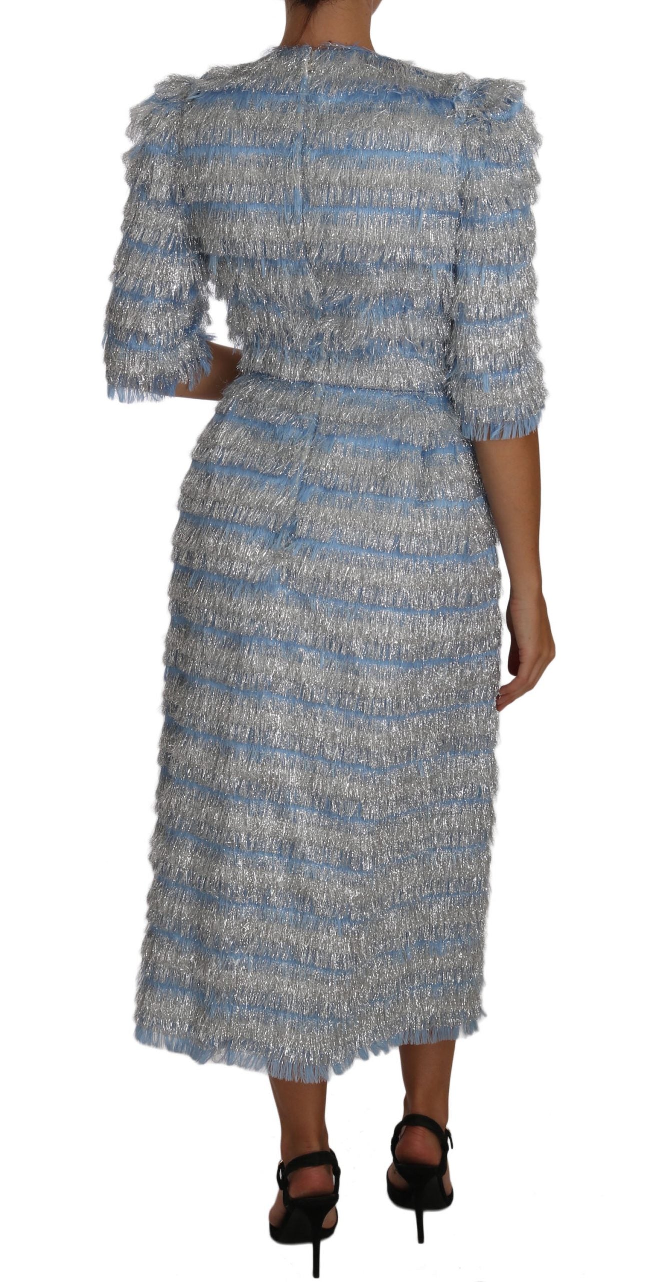 Dolce & Gabbana Elegant Light Blue Silver Fringe Midi Dress