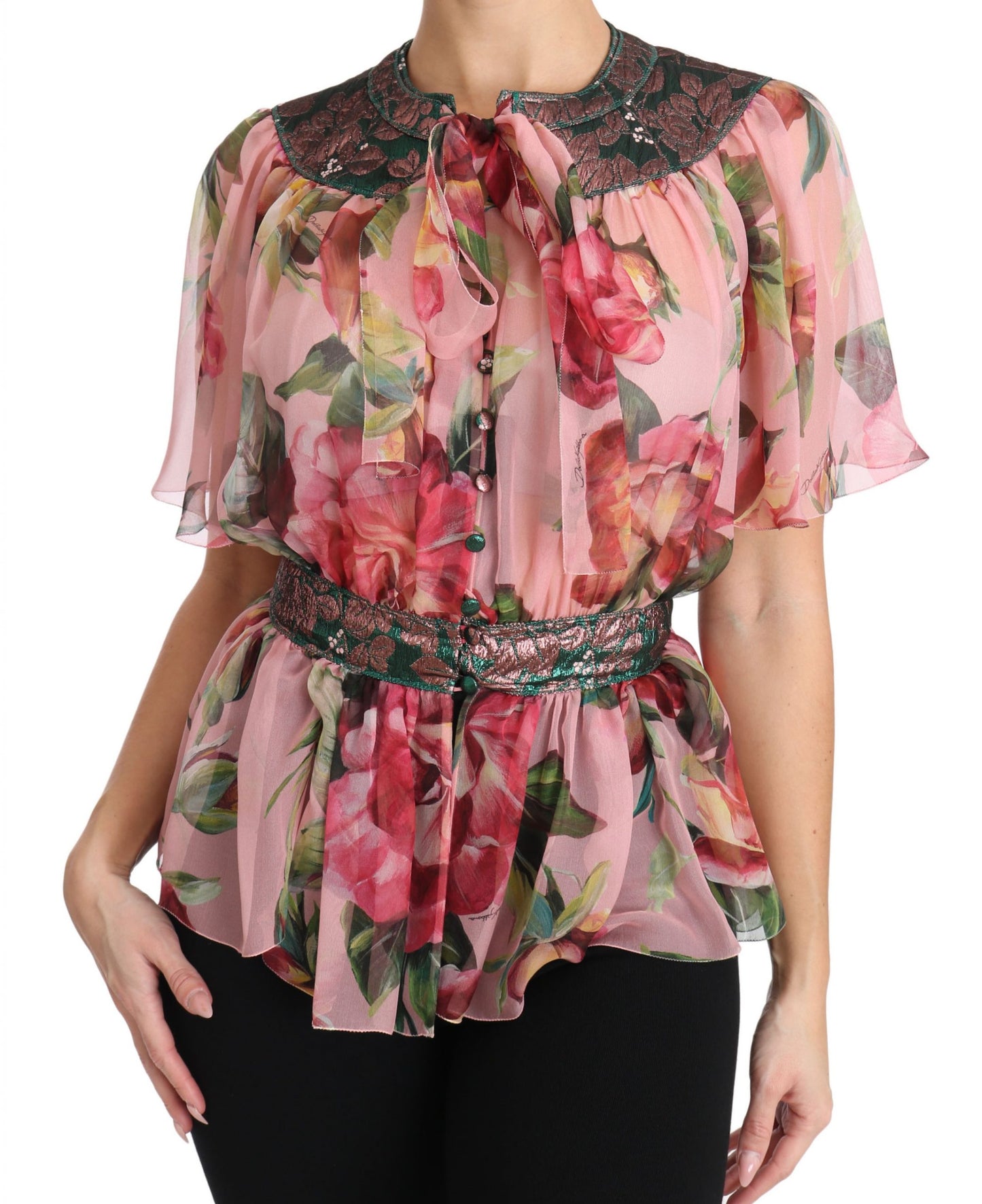 Dolce & Gabbana Elegant Floral Silk Pussy-Bow Shirt