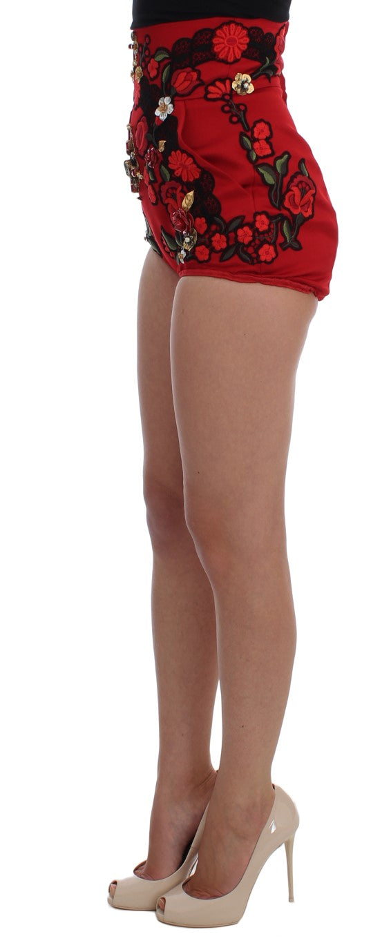 Dolce & Gabbana Red Silk Embroidered Crystal Waist Shorts