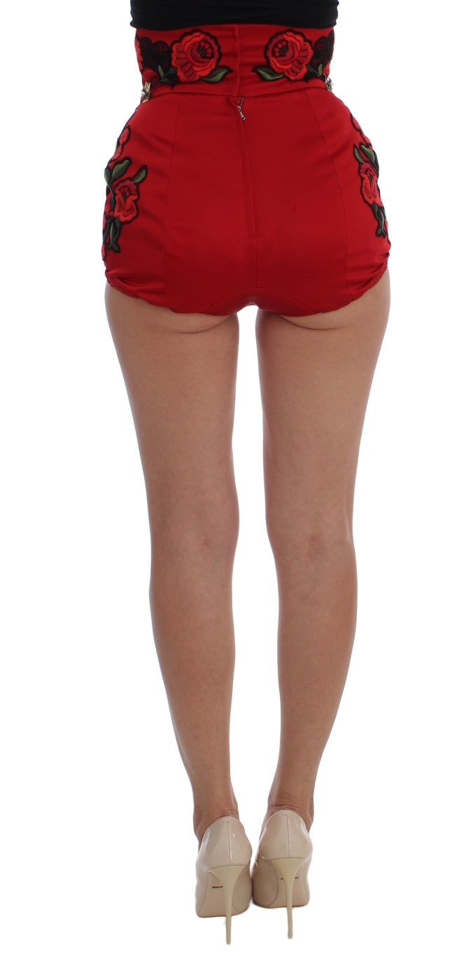 Dolce & Gabbana Red Silk Embroidered Crystal Waist Shorts