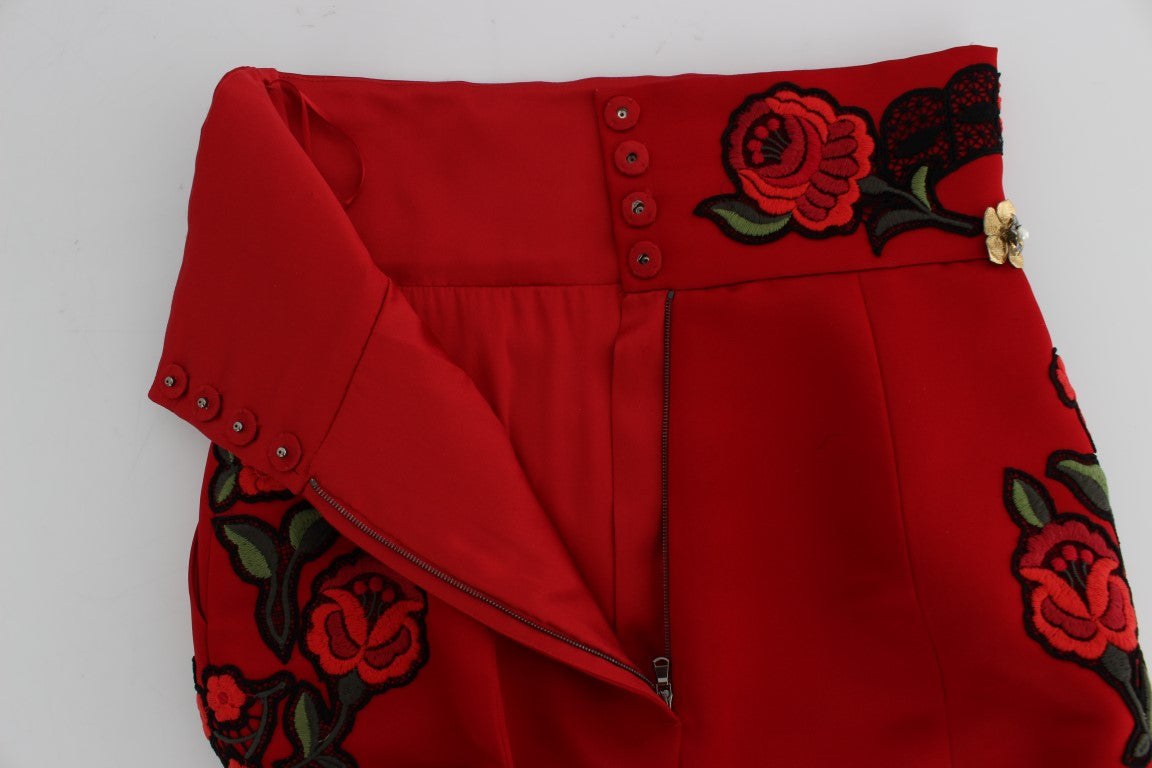 Dolce & Gabbana Red Silk Embroidered Crystal Waist Shorts