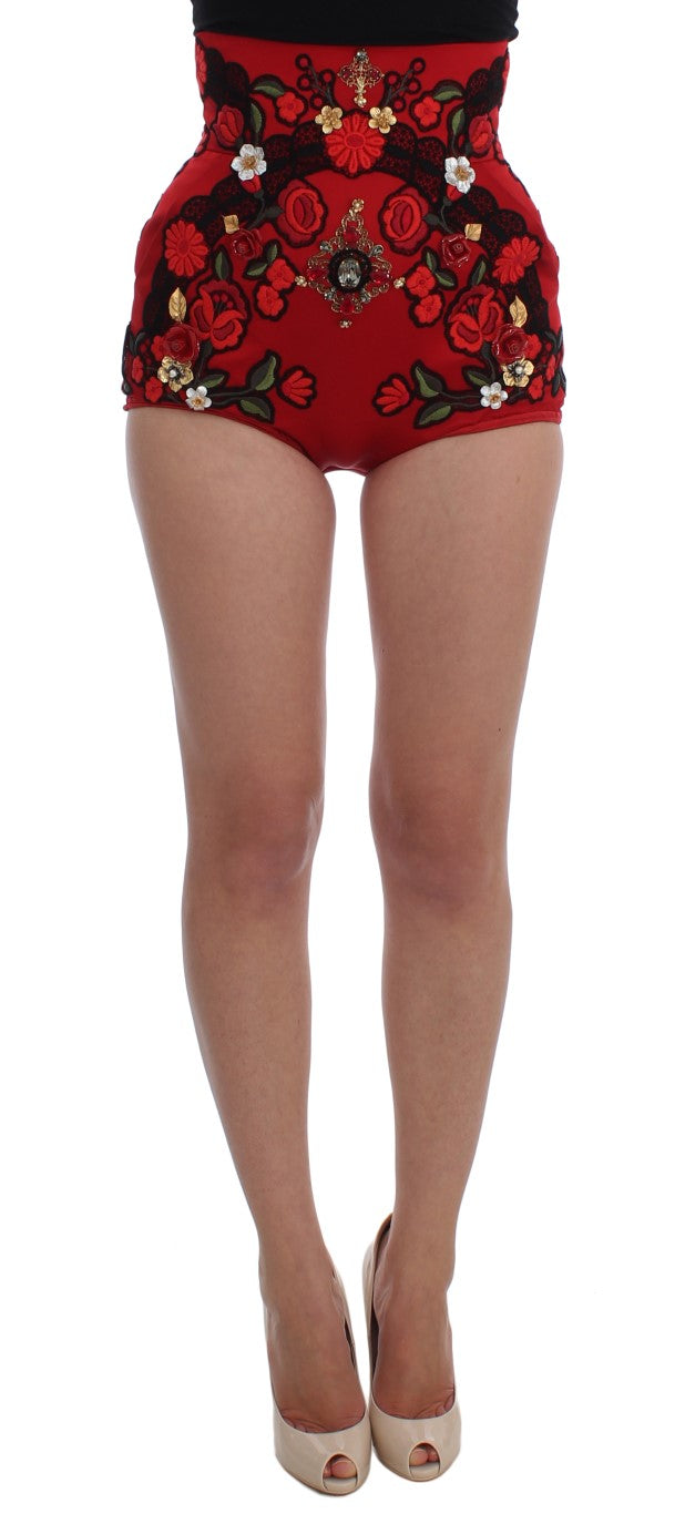 Dolce & Gabbana Red Silk Embroidered Crystal Waist Shorts