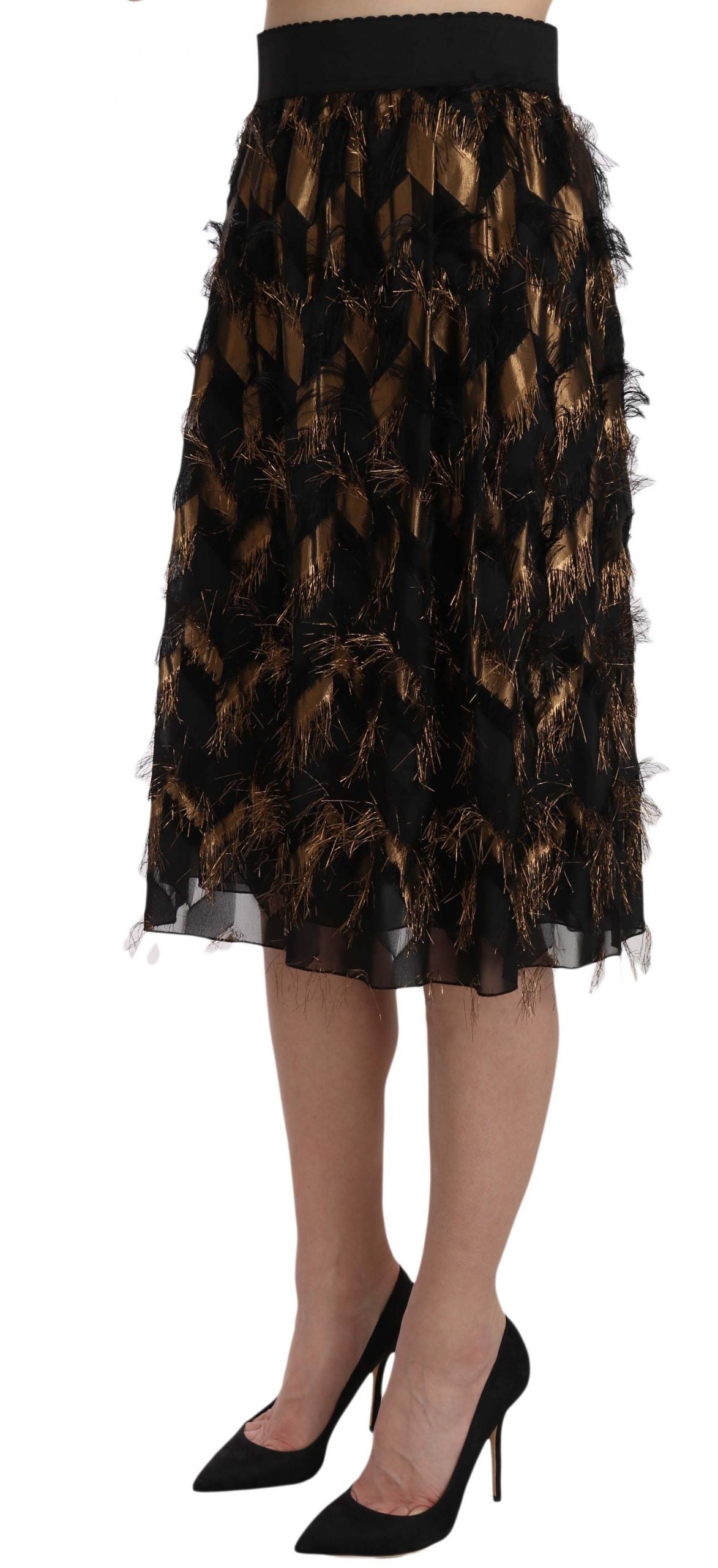 Dolce & Gabbana Black Gold Fringe Metallic Pencil A-line Skirt