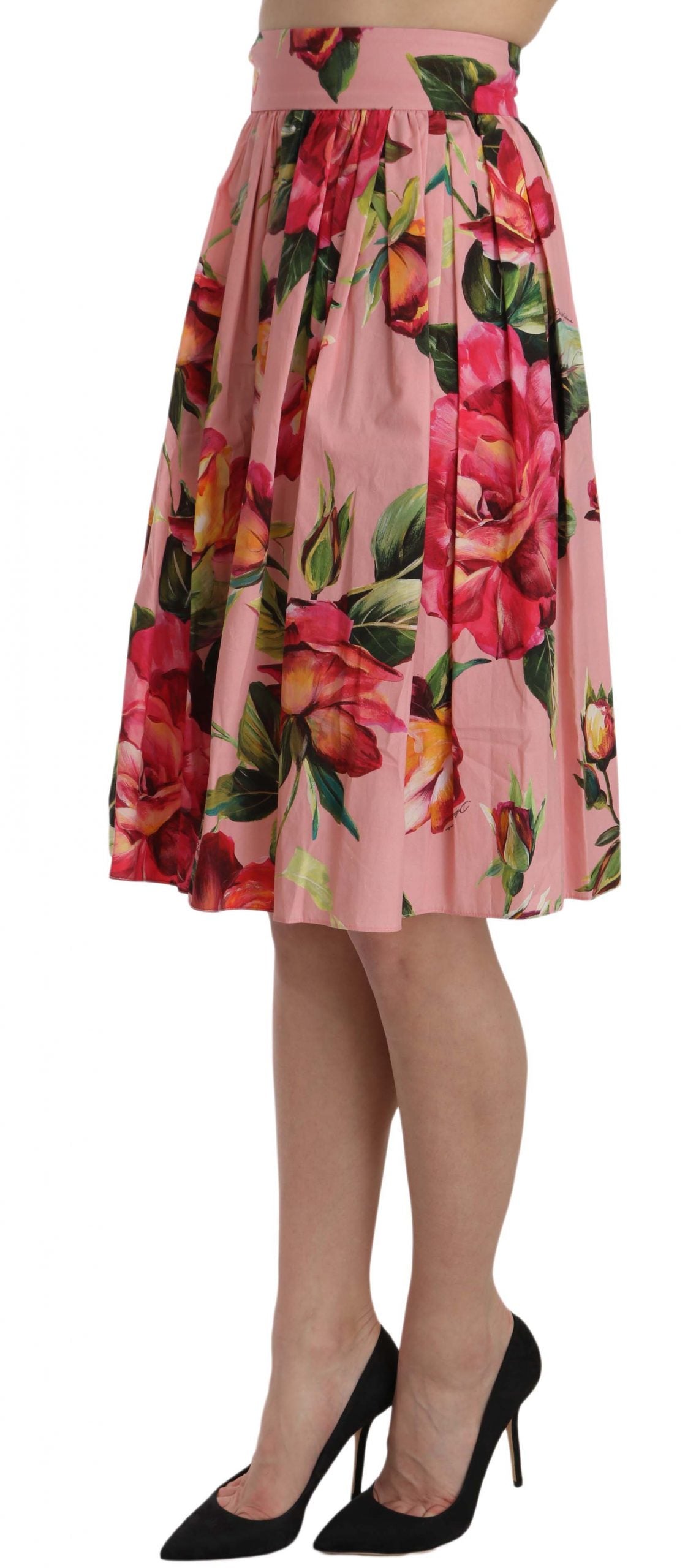 Dolce & Gabbana Elegant Pink Rose Print Flare Skirt