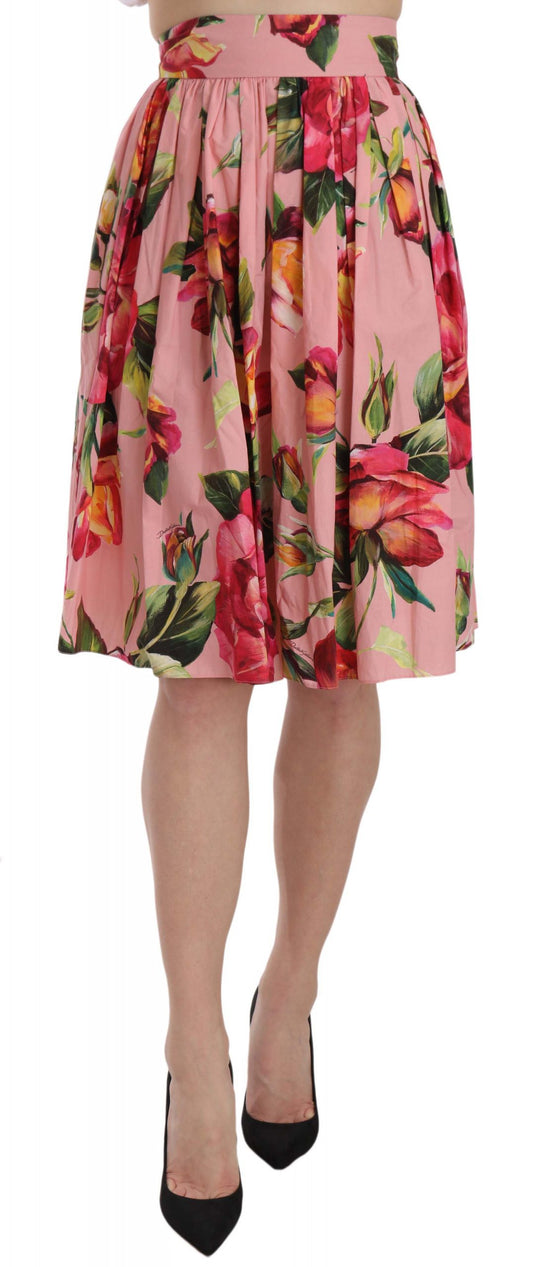 Dolce & Gabbana Elegant Pink Rose Print Flare Skirt