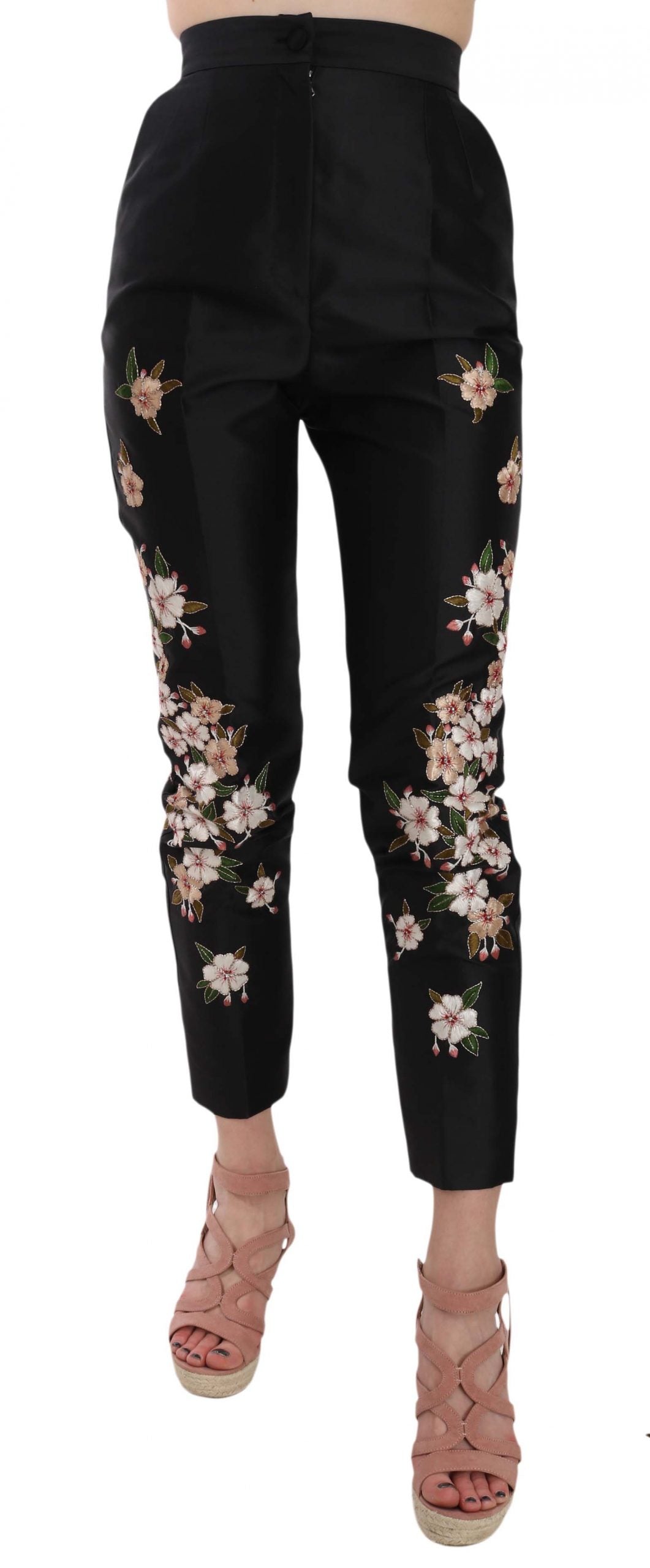 Dolce & Gabbana Black Silk Floral Embroidered Trousers Slim Pants