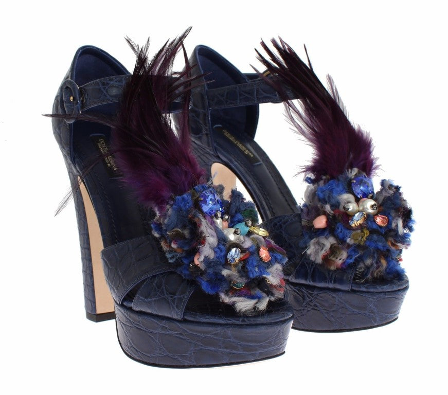 Dolce & Gabbana Elegant Blue Crocodile Crystal Platform Sandals