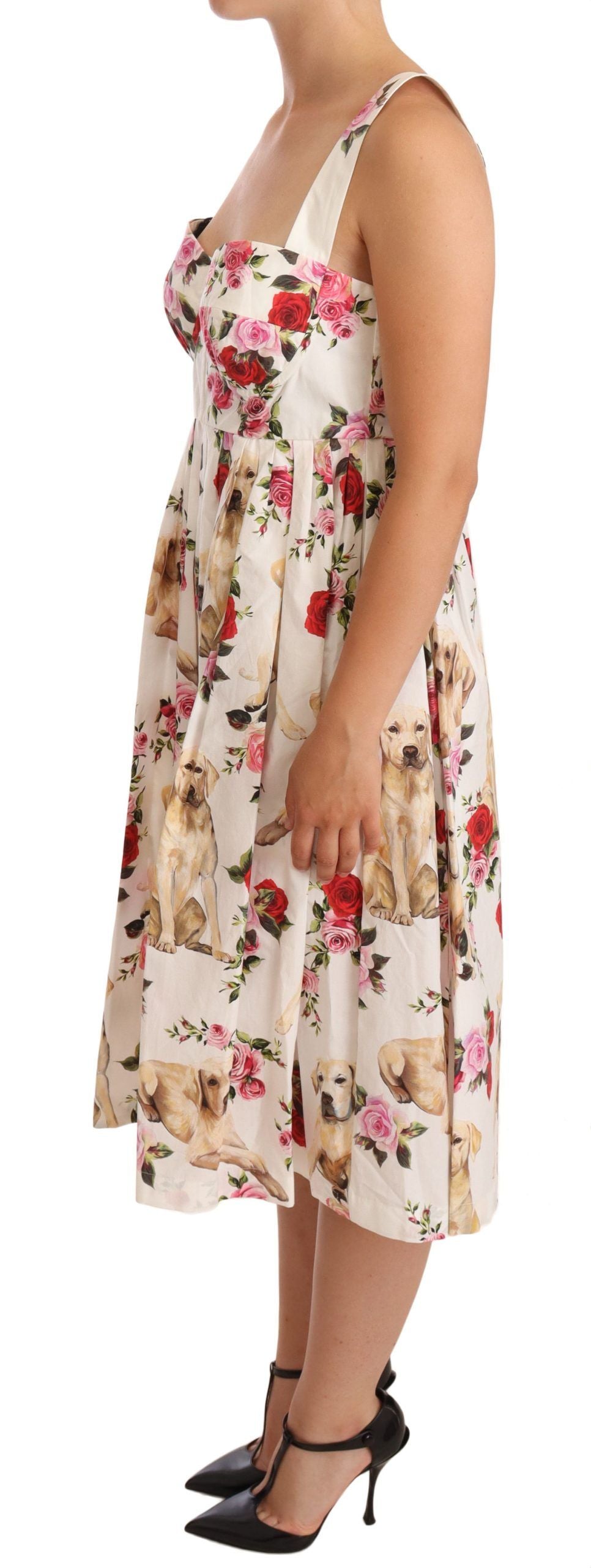 Dolce & Gabbana White Floral Dog Print Cotton Pleated Gown Dress